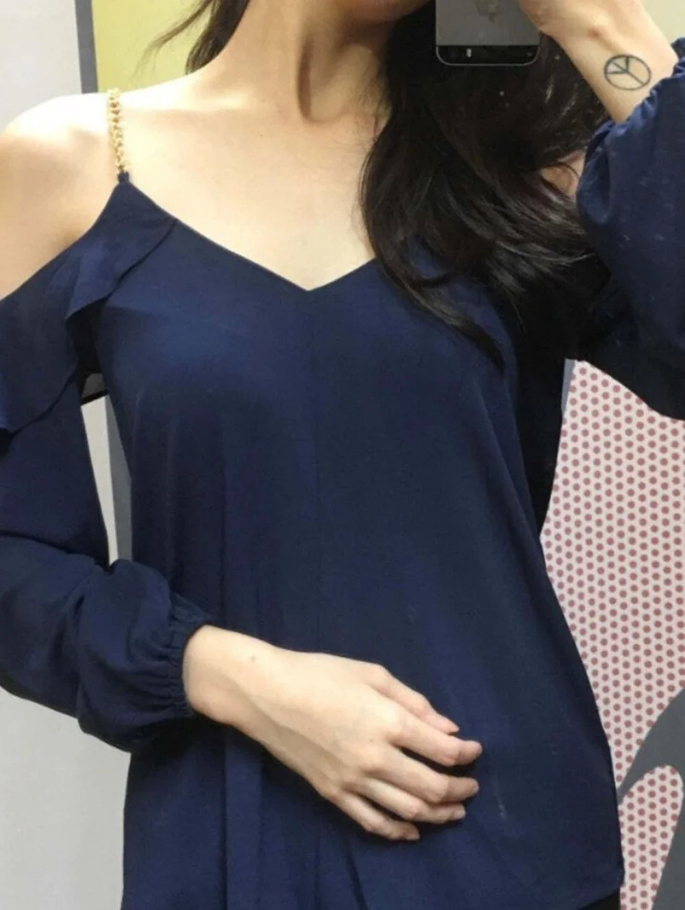 Michael Kors Ruffle Cold Shoulder Gold Chain Top Navy Blue Size S